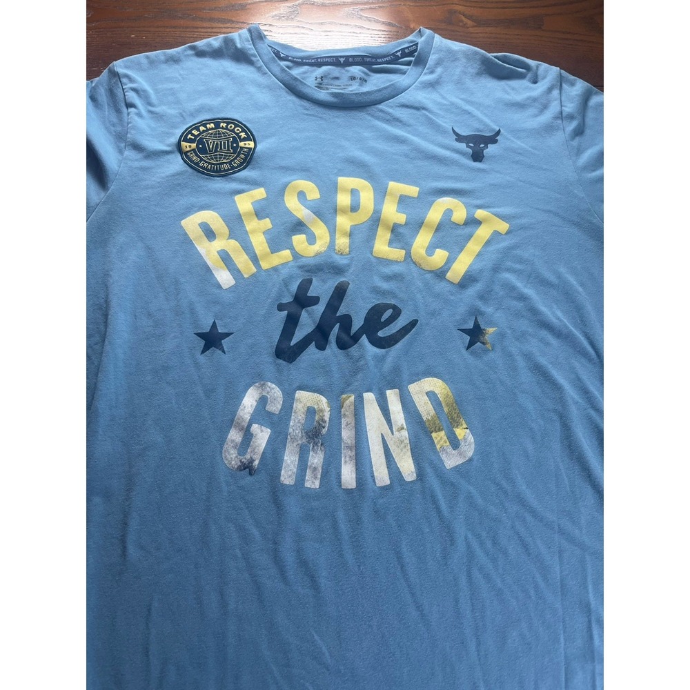 Under Armour Project Rock Shirt L Blue Respect the Grind Brahma Bull Gym Sport